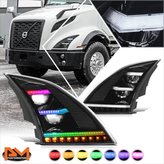 PM PERFORMOTOR for 18-24 Volvo VNL VNR RGB LED DRL Bar Sequential Turn Signal Headlights Black