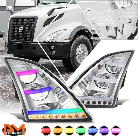 PM PERFORMOTOR for 18-24 Volvo VNL VNR RGB LED DRL Bar Sequential Turn Signal Headlights Chrome