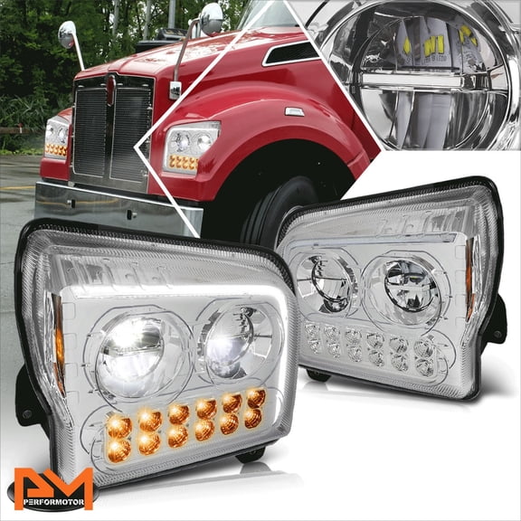 PM PERFORMOTOR for 19-24 Kenworth W990 Full LED DRL Sequential Turn Singal Headlights Chrome