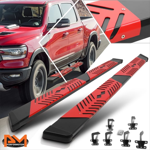 PM PERFORMOTOR for 19-24 Ram 1500 Crew Cab 5.5" Flat Side Nerf Bar Running Board w/Red Step Pad