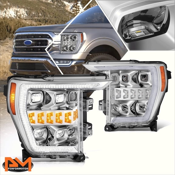 PM PERFORMOTOR for 21-23 Ford F-150 Switchback LED DRL Dual Projector Headlights Chrome/Clear
