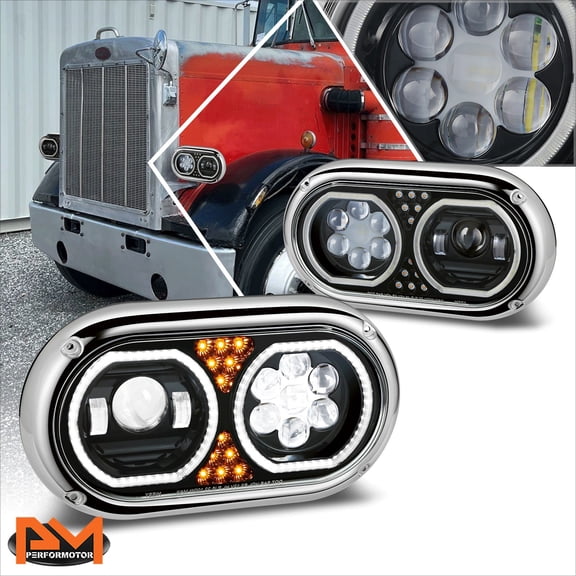 PM PERFORMOTOR for 67-87 Peterbilt 359 Full LED Halo Dual Projector Headlights Black Housing