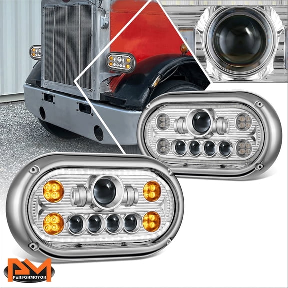 PM PERFORMOTOR for 67-87 Peterbilt 359 LED Halo Ring DRL Projector Chrome Housing Headlights