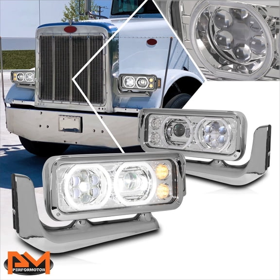 PM PERFORMOTOR for 81-21 Peterbilt 359 379 389 Dual LED Halo Projector Headlights/Lamps Chrome