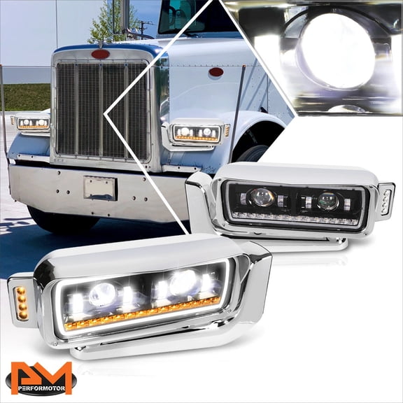 PM PERFORMOTOR for 81-21 Peterbilt 359/379/389 Full LED Dual Projector Black Housing Headlights