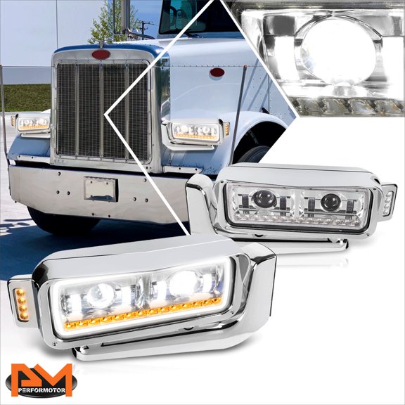 PM PERFORMOTOR for 81-21 Peterbilt 359/379/389 Full LED Dual Projector Chrome Housing Headlight