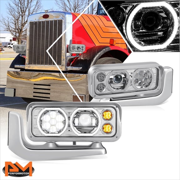 PM PERFORMOTOR for 81-21 Peterbilt 359 379 389 Full LED Halo Ring Projector Headlights Chrome