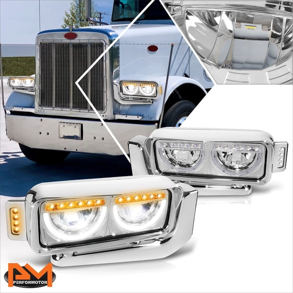 PM PERFORMOTOR for 81-21 Peterbilt 359 379 389 Full LED Wide Angle Side Marker Headlight Chrome