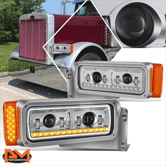 PM PERFORMOTOR for 81-21 Peterbilt 359 379 389 LED Sequential Signal Projector Headlight Chrome