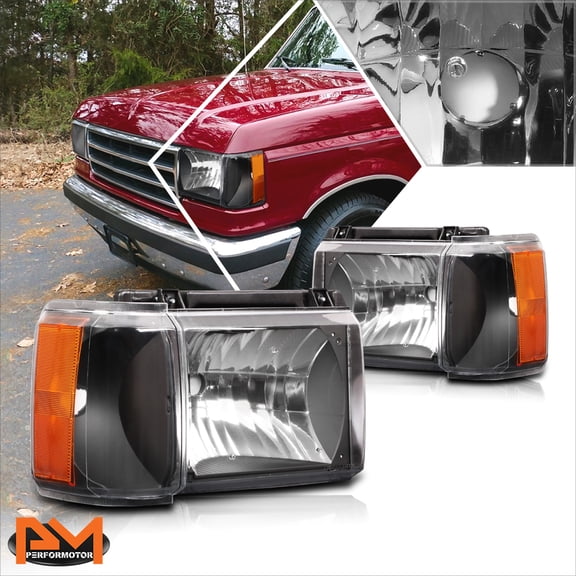 PM PERFORMOTOR for 87-91 Ford F150/F250/F350/Bronco Black Housing Headlights Amber Corner Lamp