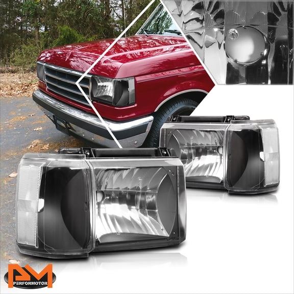 PM PERFORMOTOR for 87-91 Ford F150/F250/F350/Bronco Black Housing Headlights Clear Corner Lamp