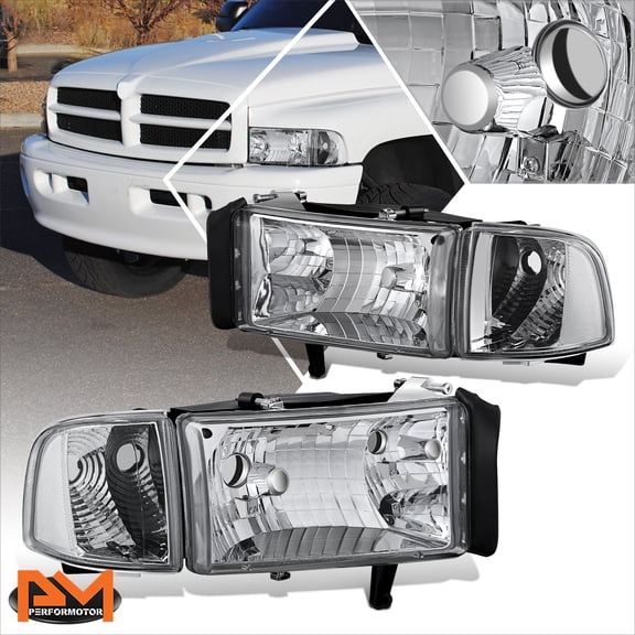 PM PERFORMOTOR for 94-02 Dodge Ram 1500-3500 Chrome Housing Headlight Clear Corner Signal Lamps