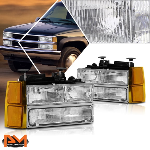 PM PERFORMOTOR for 94-99 Chevy C/K Pickup Suburban OE Headlight/Lamps Chrome Housing Amber Side