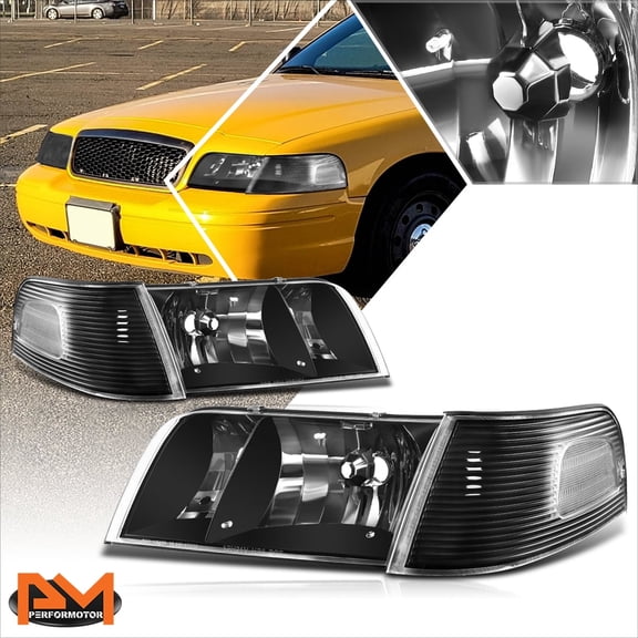 PM PERFORMOTOR for 98-11 Ford Crown Victoria Factory Style Headlights Lamp Clear Corner Black