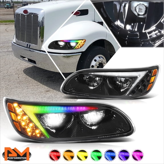 PM PERFORMOTOR for 99-20 Peterbilt 325 330 340 382 387 Full LED Signal RGB DRL Headlights Black