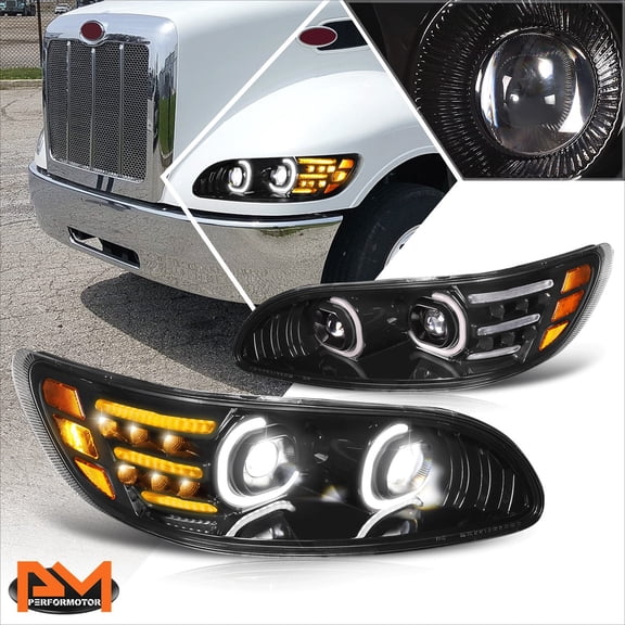 PM PERFORMOTOR for 99-20 Peterbilt Class 5 6 7 8 Dual C-Shape LED DRL Projector Headlights Lamp