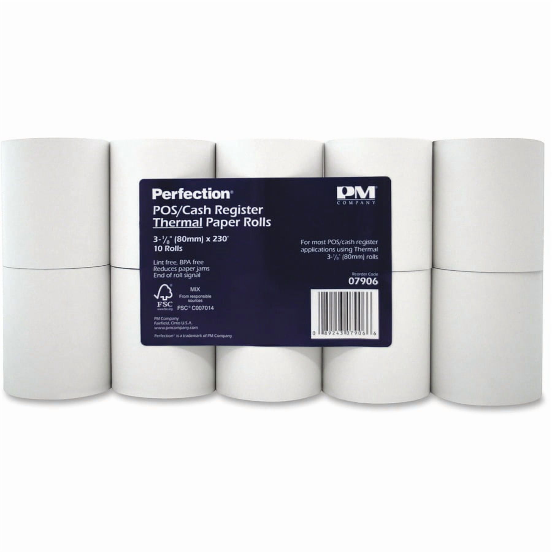 PM COMPANY PM, PMC07906, Thermal Print Cash Register/ATM Rolls, 10 / Pack, White