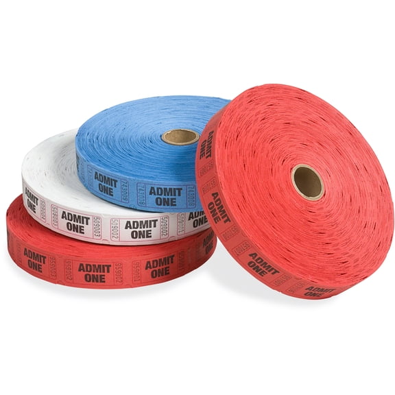 PM, PMC59001, Admit One Single Ticket Roll, 4 / Pack, Red,Blue,White