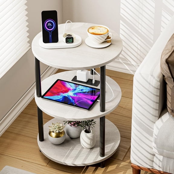 PM Small Round End Table - 3 Tier Design Accent Table, Narrow Side or Bedside Stand, Industrial Vintage Table for Small Spaces, Built-in USB Ports and Power Outlet, Greige