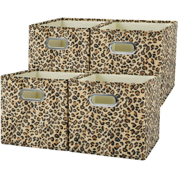 PM Storage Cubes, Collapsible Velvet Fabric Storage Bins with Handles, 4 Pack 13 Inch Leopard Cheetah Print Closet Organizer Boxes for Shelves, Brown