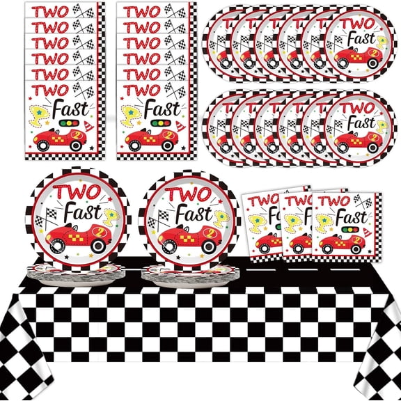 PM Two Fast Birthday Party Supplies Serves 24 Race Car 2nd Party Paper Plates Napkins Set Racing Car Tablecloth Tableware Kit for Two Years Old Party Baby Shower Decorations Favors for Boys, Serve 24