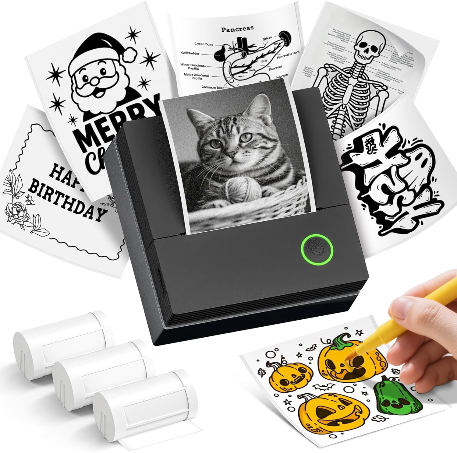 PM290C Portable Sticker Printer, inkless Bluetooth mini printer with 3 paper rolls. For notes, journaling, DIY. Ideal gift for school, office, Christmas. Black