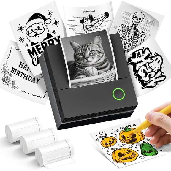 PM290C Portable Sticker Printer, inkless Bluetooth mini printer with 3 paper rolls. For notes, journaling, DIY. Ideal gift for school, office, Christmas. Black