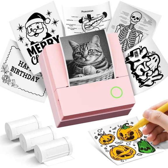 PM290C Portable Sticker Printer, inkless Bluetooth mini printer with 3 paper rolls. For notes, journaling, DIY. Ideal gift for school, office, Christmas. Pink