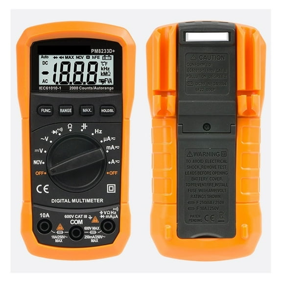 PM8233D Multimeter 2000 Counts Digital Multimeter DC AC Volt Meter Ohm Volt Amp Tester Measures Voltage Current Resistance Capacitance Continuity Diode Duty-Cycle Frequency NCV Live Wire Test