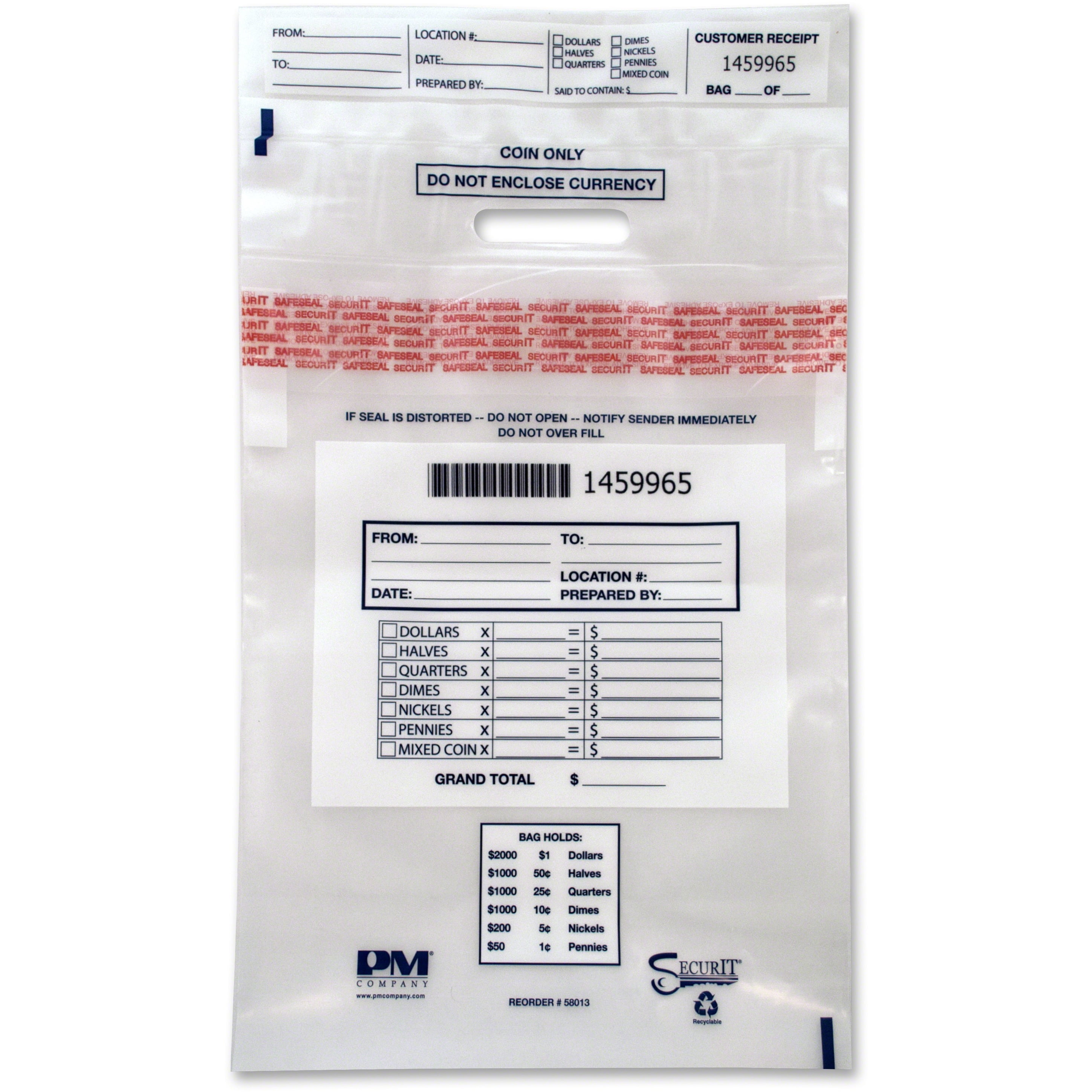 PMC58013, Tamper Evident Coin Tote, 100 / Carton, Clear