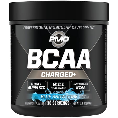 PMD Sports BCAA Charged Delicious Amino Acid Drink Mix for Performance and Recovery - Increase Muscle Function for Workout and Daily Energy - Blue Snow Cone (30 Servings)