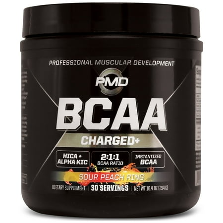 PMD Sports BCAA Charged Delicious Amino Acid Drink Mix for Performance and Recovery - Increase Muscle Function for Workout and Daily Energy - Sour Peach Ring (30 Servings)