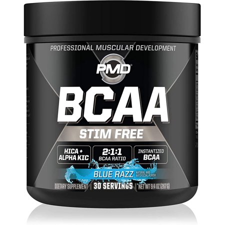 PMD Sports BCAA Stim-Free Amino Acids - Better Workout Performance, Enhanced Recovery, Daily Energy, Muscle Builder, and Muscle Sparing - BCAA Powder Drink Mix - Blue Razz (30 Servings)