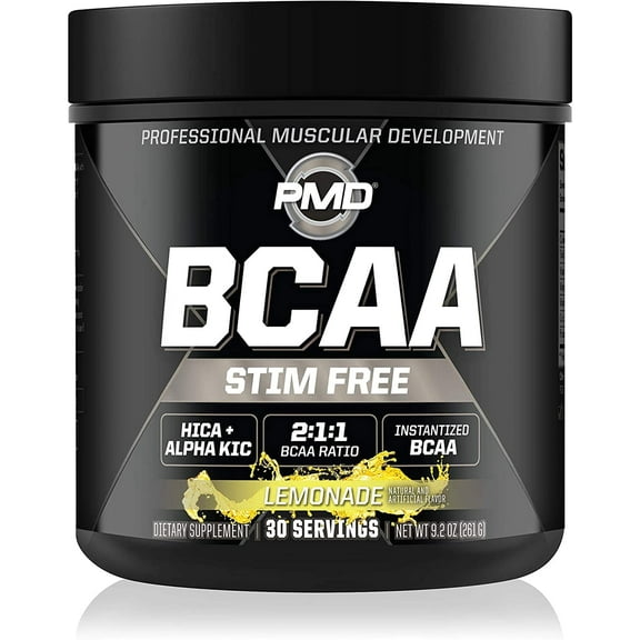 PMD Sports BCAA Stim-Free Amino Acids - Better Workout Performance, Enhanced Recovery, Daily Energy, Muscle Builder, and Muscle Sparing - BCAA Powder Drink Mix - Lemonade (30 Servings)