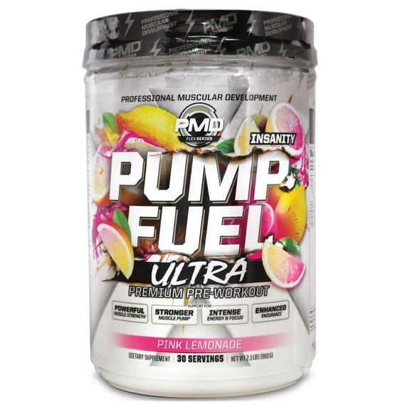 PMD Sports Ultra Pump Fuel Insanity - Pre Workout Drink for Energy, Strength, Endurance, Muscle Pumps and Recovery - Complex Carbohydrates and Amino Energy - Electric Pink Lemonade - 30 Servings