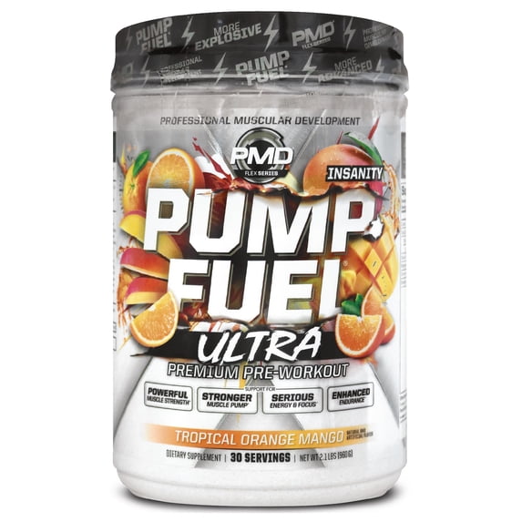 PMD Sports Ultra Pump Fuel Insanity - Pre Workout Drink Mix For Energy, Strength, Endurance, Muscle Pumps And Recovery - Complex Carbohydrates And Amino Energy - Tropical Orange Mango (30 Servings)