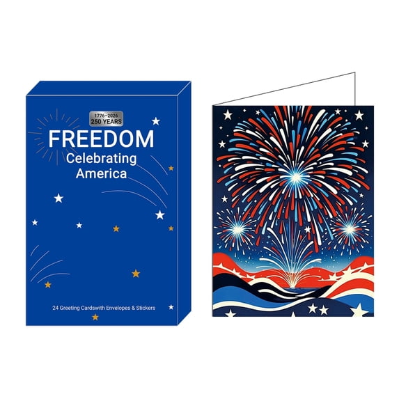 PMHZI 250th Anniversary Patriotic Greeting Cards, 24-pack Bulk A2 Size Set with Envelopes & Stickers for 4th of July