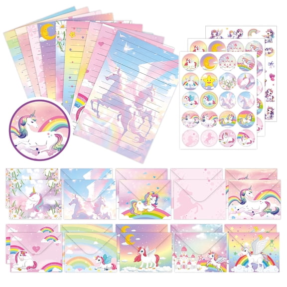 PMHZI Rainbow Pony Stationery - 50 Pieces: 25 Lined Sheets with 25 Envelopes, 40 Seal Stickers & 1 Unicorn Sticker