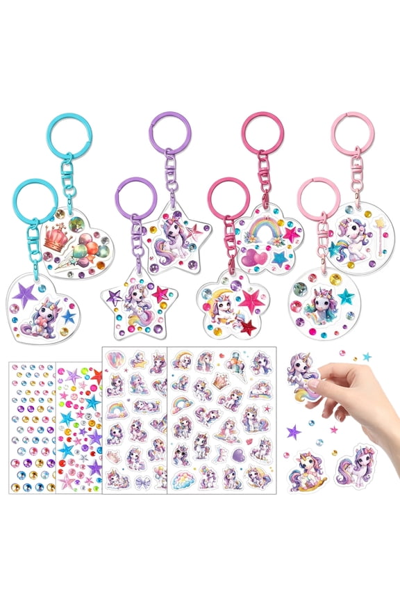 Unicorn Keychain Craft - 8 Acrylic Blanks with Clasps, Sticker Sheets & Rhinestones