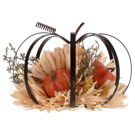 Metal Pumpkin Tabletop Decoration with Foliage, Multicolor, 8.5", Fall by Way To Celebrate