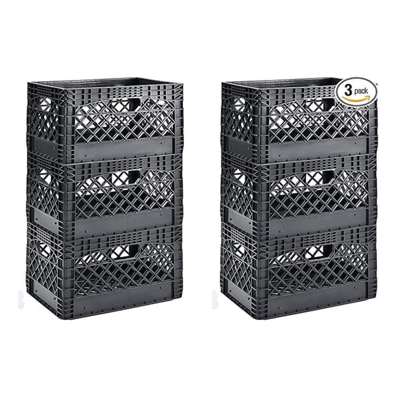 PMK24QTB-3 24 quart 3 Pack black Heavy Duty Rectangular Stackable Dairy Milk Crates , 11" Height, 19" width (2 X 3 Pack)