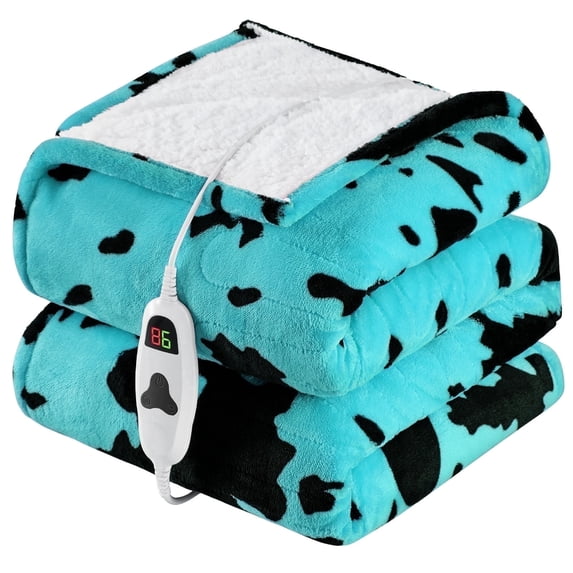 PMONPA Cow Heated Electric Blanket for Adult, Flannel & Sherpa Heating Blanket with 10 Heat Levels, 1/2/4/8 Hours Auto-Off, 51"x 61", Cow Print Mint Green