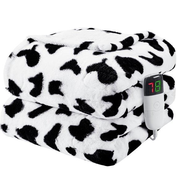 PMONPA Cow Heated Electric Blanket for Adult, Flannel & Sherpa Heating Blanket with 10 Heat Levels, 1/2/4/8 Hours Auto-Off, 51"x 61", Cow Print Black