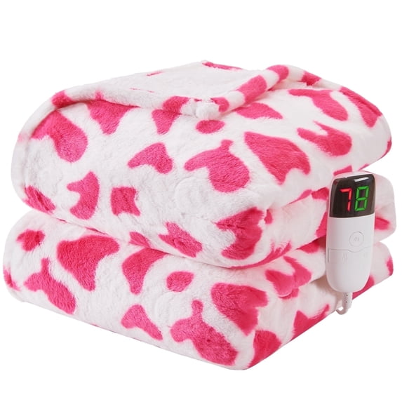 PMONPA Cow Heated Electric Blanket for Adult, Flannel & Sherpa Heating Blanket with 10 Heat Levels, 1/2/4/8 Hours Auto-Off, 63"x 85", Cow Print Pink