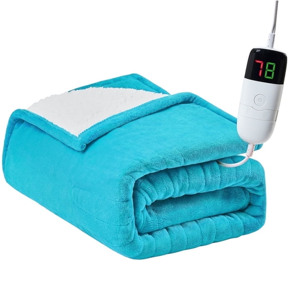 PMONPA Electric Heated Blanket, Flannel & Sherpa Heating Blanket for Adult, Fast-Heating with 10 Heat Levels 5 Time Settings (51"x61", Teal)