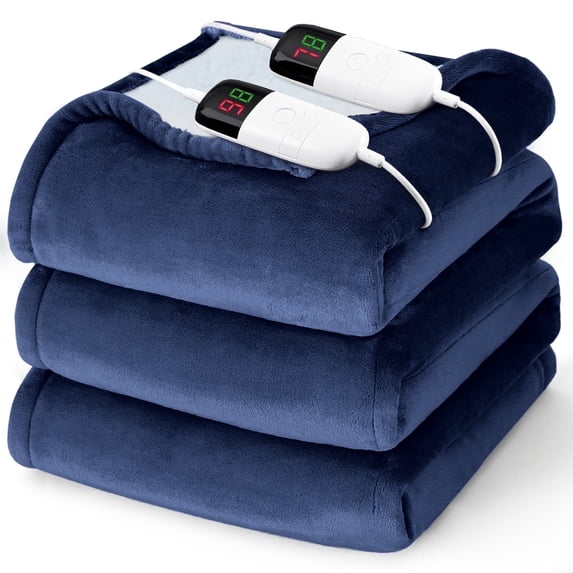 PMONPA Electric Heated Blanket, Flannel & Sherpa Heating Blanket for Adult, Fast-Heating with 10 Heat Levels 5 Time Settings (85"x91", Blue)