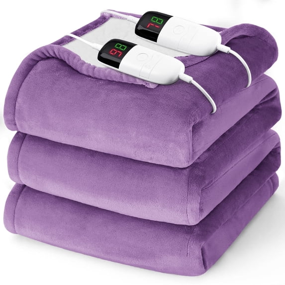 PMONPA Electric Heated Blanket, Flannel & Sherpa Heating Blanket for Adult, Fast-Heating with 10 Heat Levels 5 Time Settings (85"x91", Taro Purple)