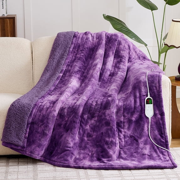 PMONPA Electric Heated Blanket, 51"x61" Heating Blanket for Adult, Soft Flannel & Sherpa, 10 Heating Levels & 1-8 Hours Auto off, Purple