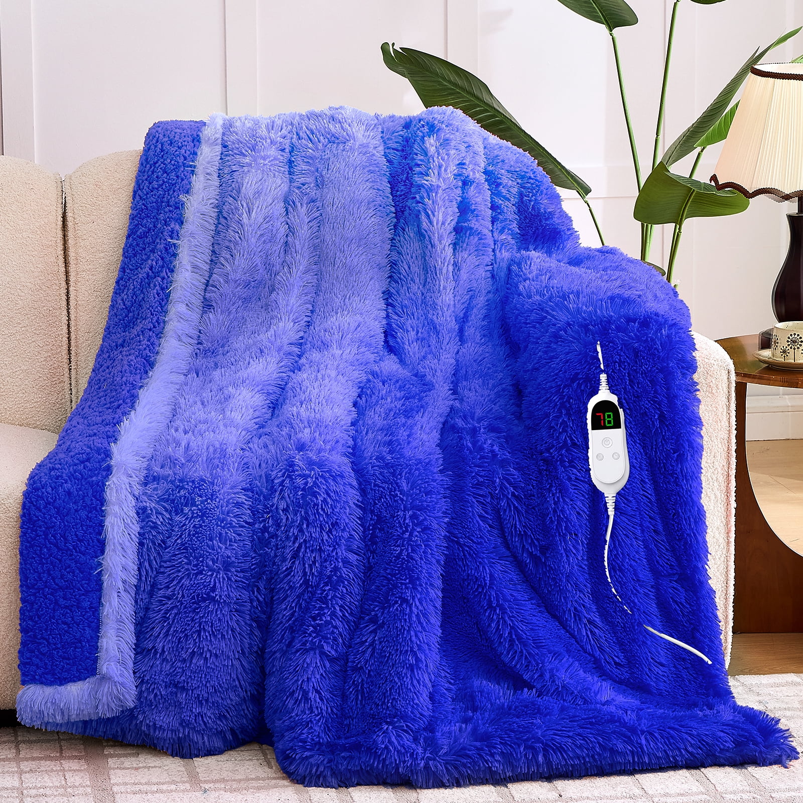 PMONPA Heated Blanket for Adult, Soft Faux Fur & Sherpa Electric Blanket, Fast-Heating with 10 Heating Levels & 5 Options Auto off, 51"x 61", New Blue
