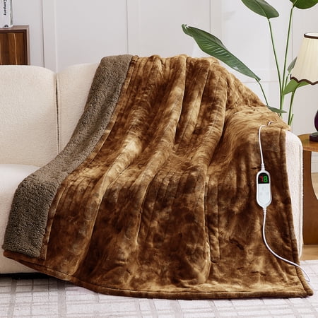 PMONPA Electric Heated Blanket, 51"x61" Heating Blanket for Adult, Soft Flannel & Sherpa, 10 Heating Levels & 1-8 Hours Auto off, Brown